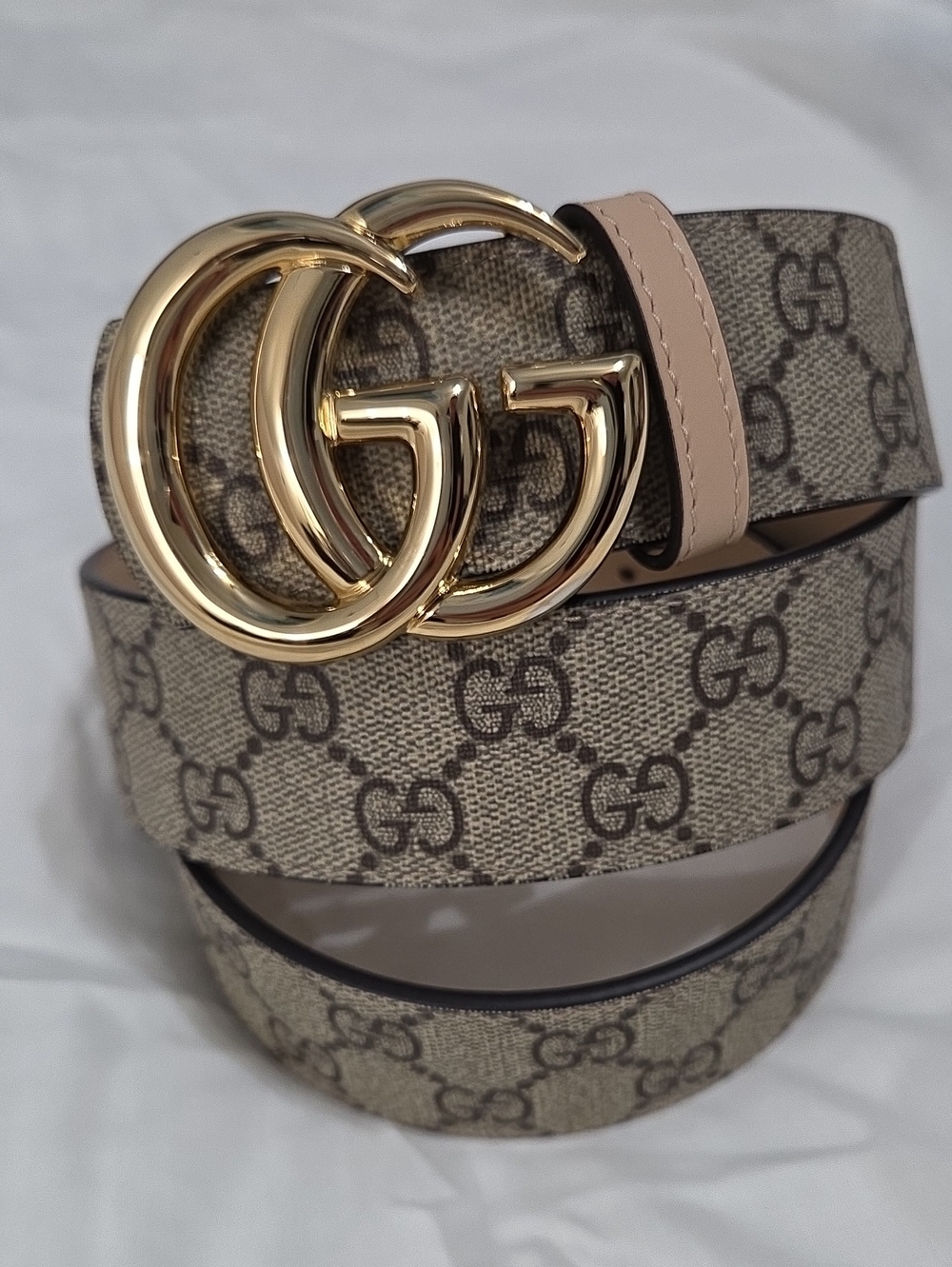 Gucci Reversible Monogram Cream Belt Gold GG Buckle 85cm